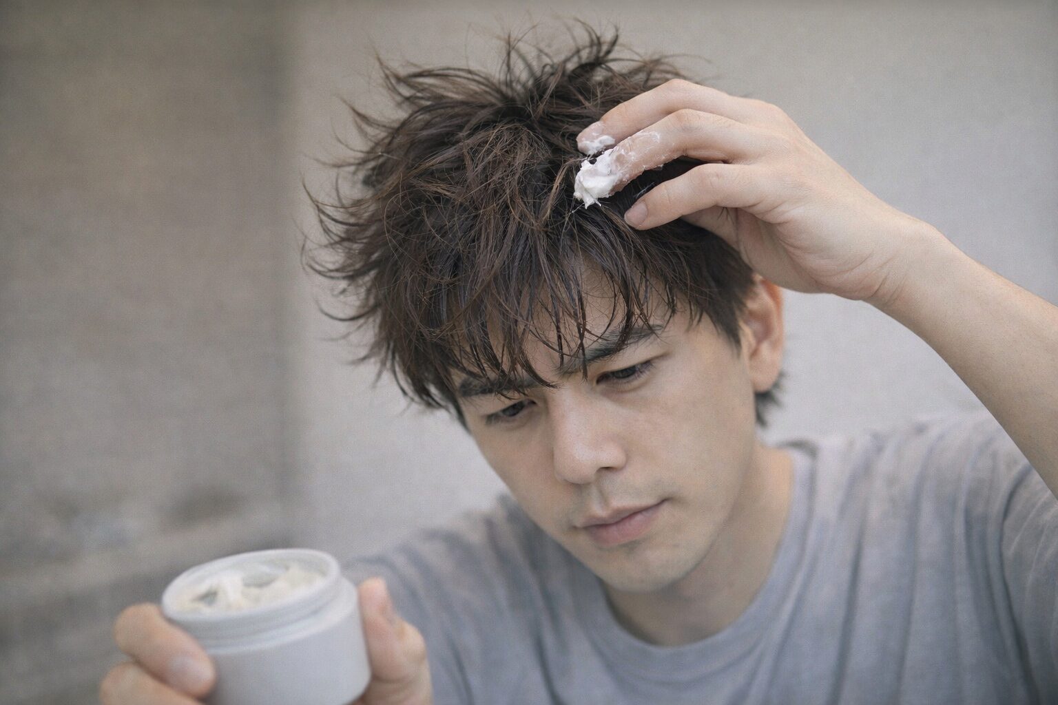 パーマヘアに乾いた寝癖のままワックスをつけてカールがバラついている男性のNGセット例