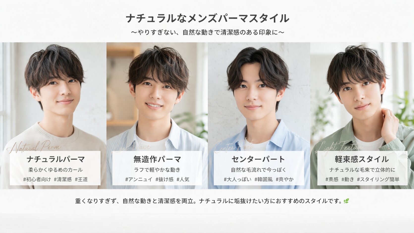 メンズ パーマ ナチュラル スタイル 比較 軽い 動き 柔らかい 髪型